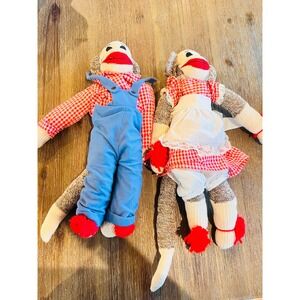Vintage Style Sock Monkey Plush Pair Boy and Girl Gingham Outfits Set of 2